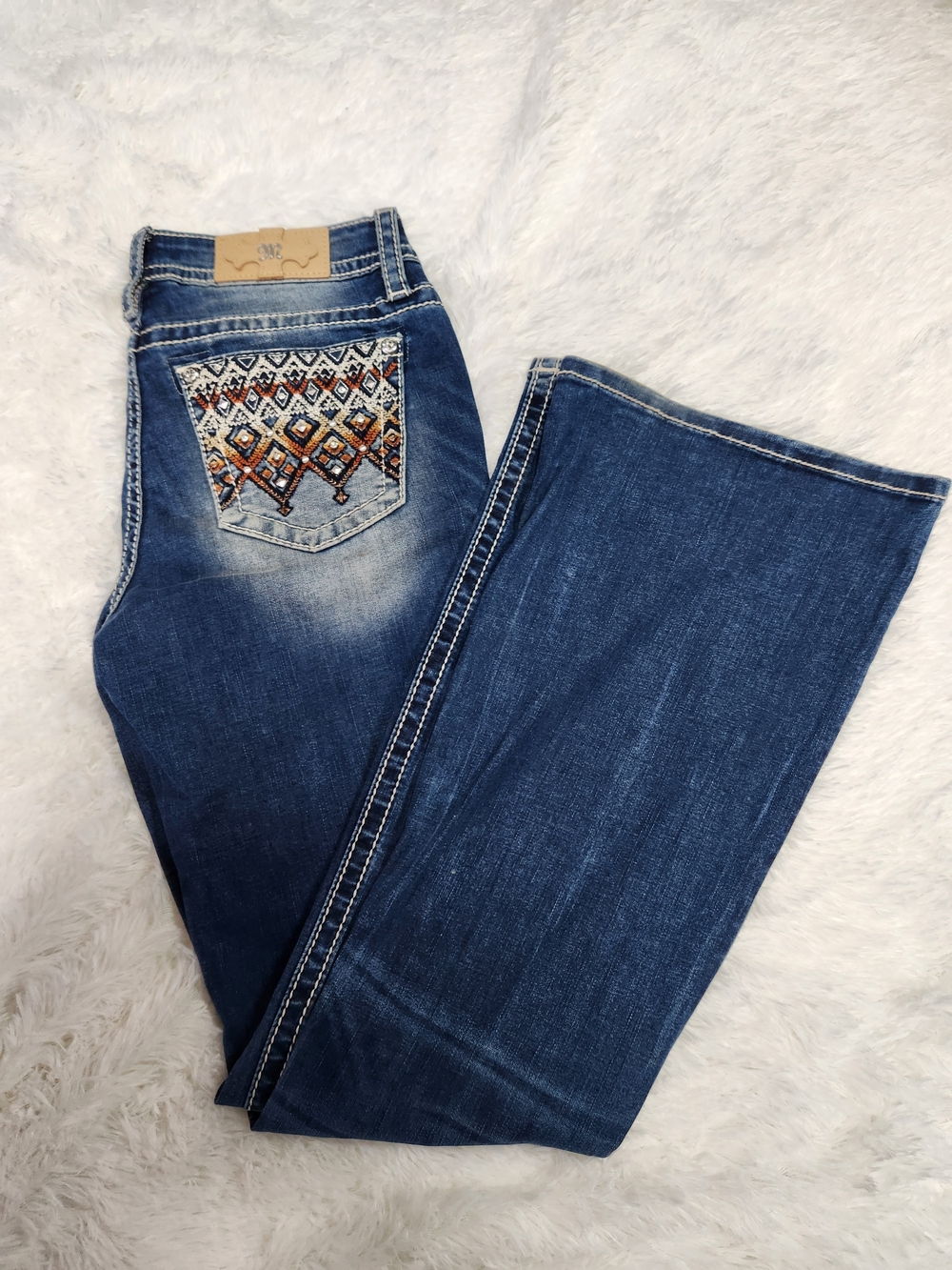 Miss Me Dark Blue Flare Mid-rise Jeans with Embroidered Back Pocket